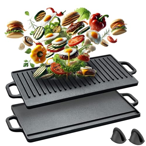 Plancha Hierro Fundido - JASUVII Hierro Fundido Reversible 46 cm x 23 cm lados lisos y Estriados Plancha para Barbacoa - Ideal para Carne Verduras Tortitas