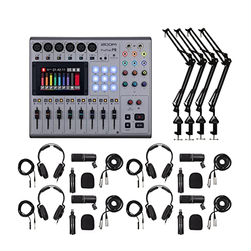 Zoom PodTrak P8 Multitrack Podcast Recorder + (4) Zoom ZDM-1 Podcast Mic with Accessory - Ultimate Podcasting Bundle (10 Items)