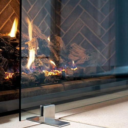 Image of AMS Fireplace | Manhattan Modern Freestanding Frameless Clear Glass Fireplace Screen with Polished Metal Stainless Steel Feet Base (Small Size: 36 inch W X 26 inch H)