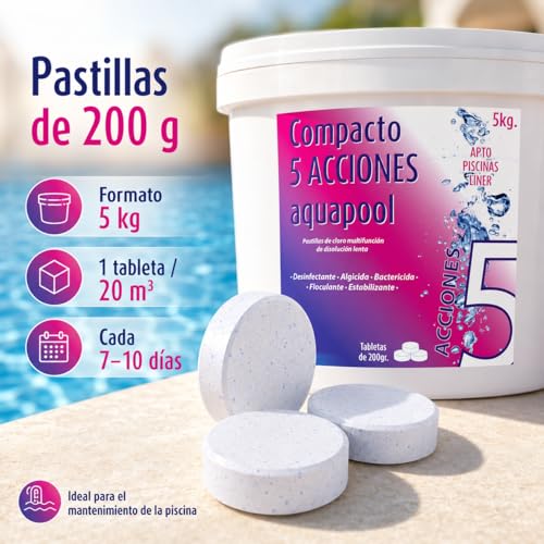 Miniatura 5 de Compacto 5 Acciones Aquapool 5 Kg - Pastillas De Cloro Multifunción - Disolución Lenta - Apto Piscinas Liner