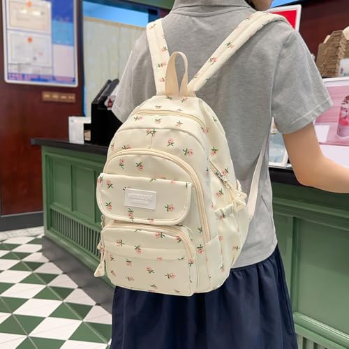 Nylon Floral Big Laptop Backpack Girl Casual Bookbag(Pink Flower)3