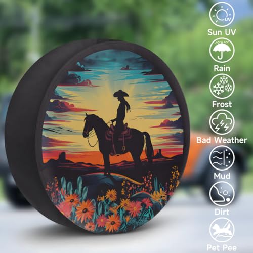 Image of Spare Tire Cover Cowgirl Riding Horse Wheel Covers Protectors Waterproof Dust-Proof Universal Fit Trailer, RV, SUV and Many Vehicle 17 Inch
