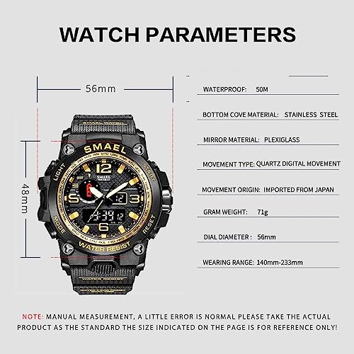 FANMIS Mens Analog Digital Sports Watch Large Face Outdoor Sports Waterproof Military Wrist Watches with Date Multifunction Tactics LED Army Stopwatch (Y Black Gold) - Thumbnail 3