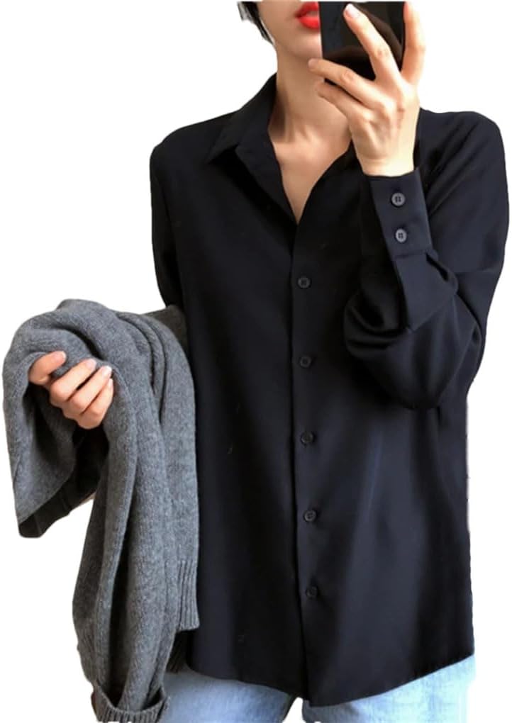 Women Shirt Classic Chiffon Blouse Loose Long Sleeve Shirt Lady Simple Style Tops