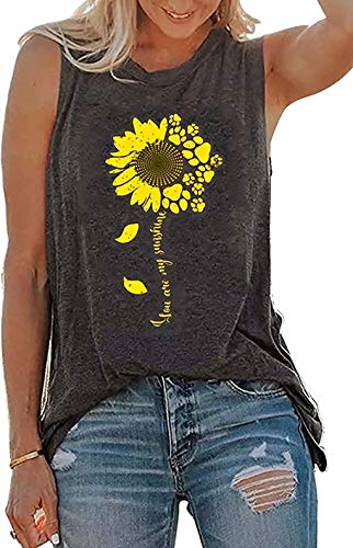 Sunflower Tank Tops Dog Paw Graphic Cute T Shirt Vest You are My Sunshine Tank Shirt Casual Sleeveless Camis Shirts (Small, Dark Grey)