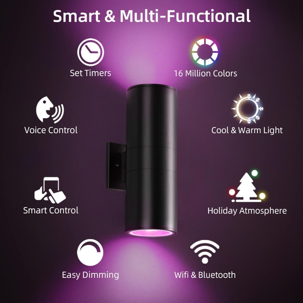 SHIMR Modern Outdoor Wall Lights Color Changing 2 Pack, RGBCW Smart Outdoor Lights Ambiance Sconce with Remote Control, Black Aluminum Exterior Lighting Fixtures Up and Down Lights [ETL Listed]