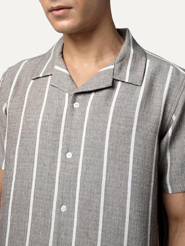Image of Urbano Fashion Men's Cotton Half Sleeve Relaxed Fit Linen Striped Shirt with Cuban Collar