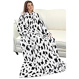Catalonia Cow Print Wearable Blanket with Sleeves and Pocket, Cozy Soft Fleece Mink Micro Plush Wrap Throws Blanket Robe for Women and Men