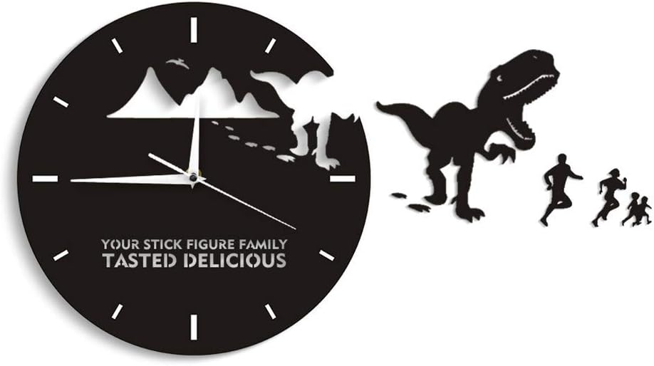 Zdtxkj Dinosaur Eating Stick Figure Family Wall Clock T-Rex Your Stick Figure Family Tasted Delicious Funny Quote Modern Wall Clock