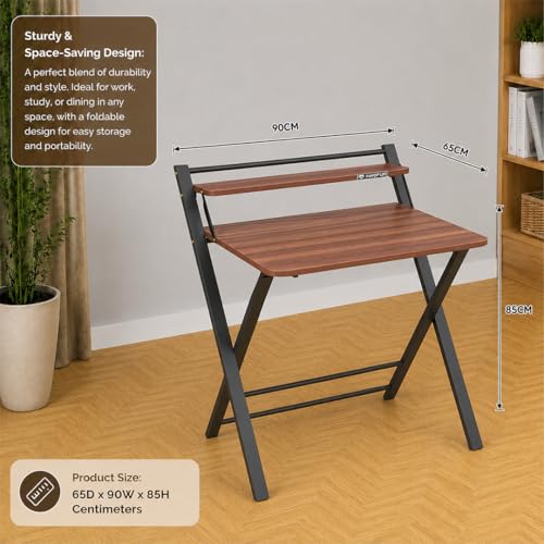 Image of InnoFur Meleti Folding,Multi Purpose, Study, Adjustable Portable, Work from Home, Laptop, Computer, Writing, Dining, Utility Table with Bookshelf (Large, Brown 100CM x 73CM x 85CM)