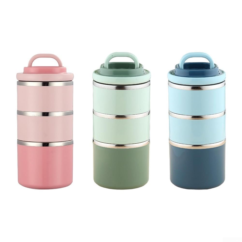 Fiambrera apilable de Acero Inoxidable con Compartimento térmico, 3 Niveles Aislamiento, Bolsa y Sellos, Ideal for el hogar la Oficina(Green)