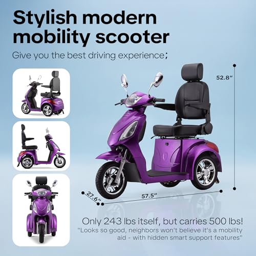 Image of Heavy Duty 3 Wheel Mobility Scooters for Seniors & Adults 500lbs Capacity-800W Mobility Scooters 31 Miles Long Range, All Terrain Electric Powered Mobility Scooters Handicap Mobility Scooter (Purple)