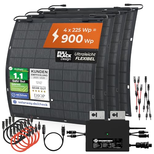 Solarway® 900W Balkonkraftwerk 800W komplett Steckdose - flexible 225W Solarmodule - Solaranlage Komplettset - keine Halterung nötig, Kabelbinder inklusive