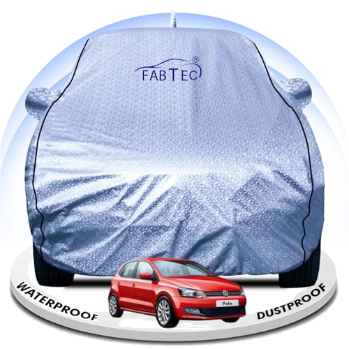 Image of FABTEC Metallic Silver Waterproof Car Body Cover for Volkswagen Polo Sun, UV and Dust Protection with Mirror and Antenna Pocket (Reflective Silver with Black Piping)