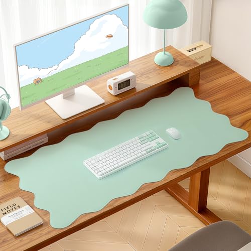 Image of PU Leather Desk Pad, Scalloped Non-Slip Mouse Pad & Large Desk Mat Cover Stitched Edges Writing Pad for Office, Home - Waterproof, Easy to Clean, Durable Surface I 31.4 inchx15.7 inch, Mint Green
