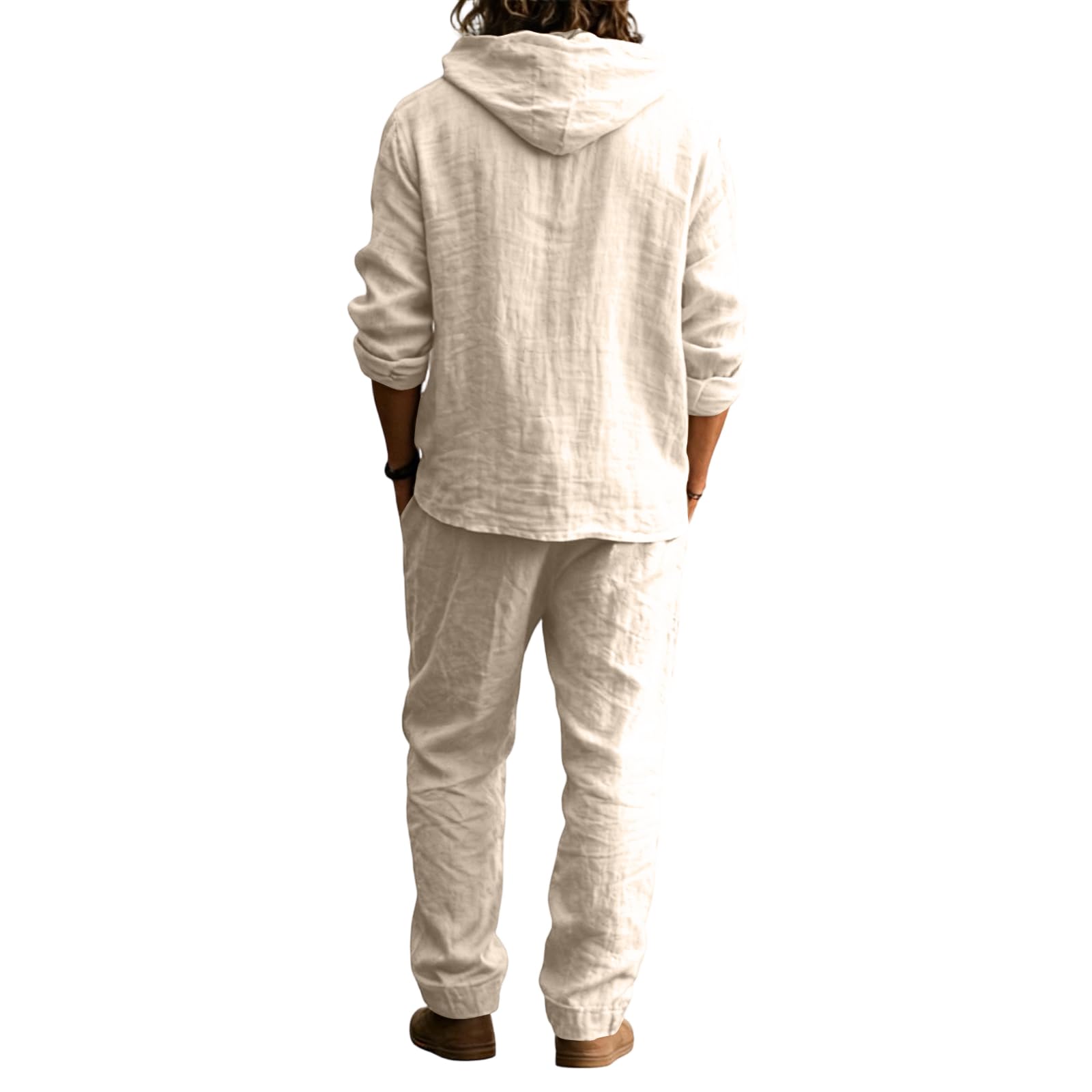 Completo Uomo Lino Tinte Unite Magliette Manica Lunga con Cappuccio E Pantaloni Abbigliamento Uomo Estivo Completi Vintage Moda Morbido Set da Casa Viaggi Spiaggia