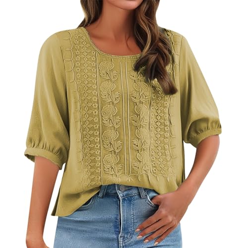 Angxiwan Gypsy Tops for Women Linen Shirts for Women UK Casual Loose Fit Short Sleeve Tunic Tops Retro Floral Embroidery Jacquard Linen Blouse Solid Color Holiday Essentials