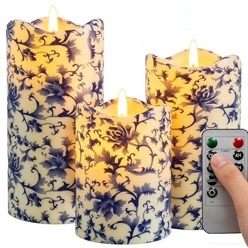Image of Remote Flameless Candles 4 inch 5 inch 6 inch - Set of 3 Blue and White LED Pillar Candles Wave Top Plastic Battery Operated with Timer for Home Wedding Holiday Decor Indoor Outdoor,PLT3P-BW