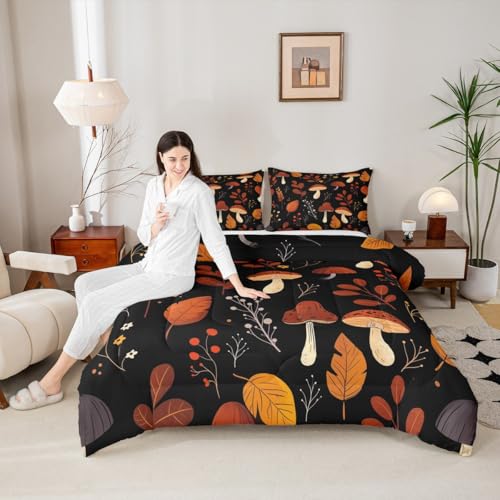 Juego de edredón infantil de hongos para niños, tamaño individual, juego de ropa de cama floral acolchado con hojas botánicas con 1 funda de almohada, ropa de cama ligera, suave y transpirable, 2