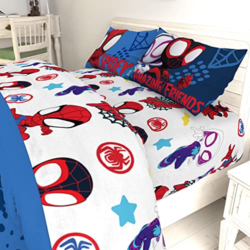 Image of Jay Franco Kids Sheet Set with Fitted, Flat Sheets & Pillow Cover - Ultra-Soft Bedding with Pillowcase for Room Decor, White - Spidey & Friends, 4 Piece Full