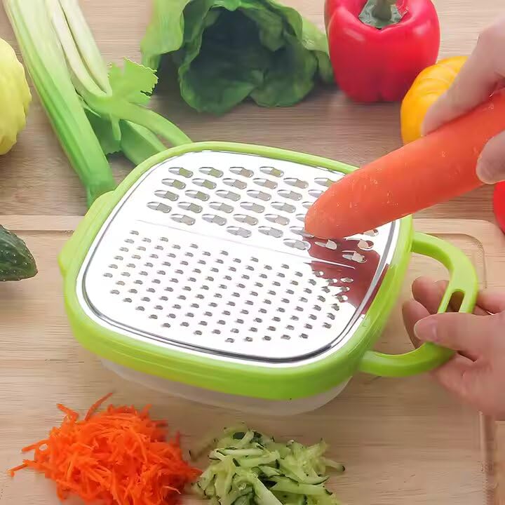 Image of Vegetable Grater with Pot and Lid, Food Grade Stainless Steel Multi-Functional, 3 Different Blades and Food Container Manual Kitchen Grater with Multi-Use Tank(Multi Color)
