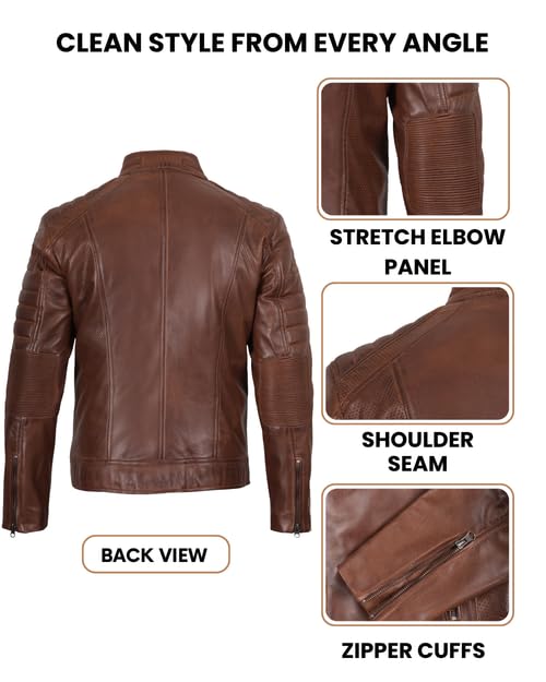 Image of Decrum Cafe Racer Leather Jacket for Men - Real Lambskin Motorcycle Style Mens Jacket with Zipper Closure