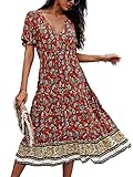 TEMOFON Summer Dresses for Women 2024 Boho Sun Maxi Beach Sundresses Summer Floral Short Sleeve V Neck Bohemain Flowy Loose Casual Cute Spring Trendy Vacation Dress Red