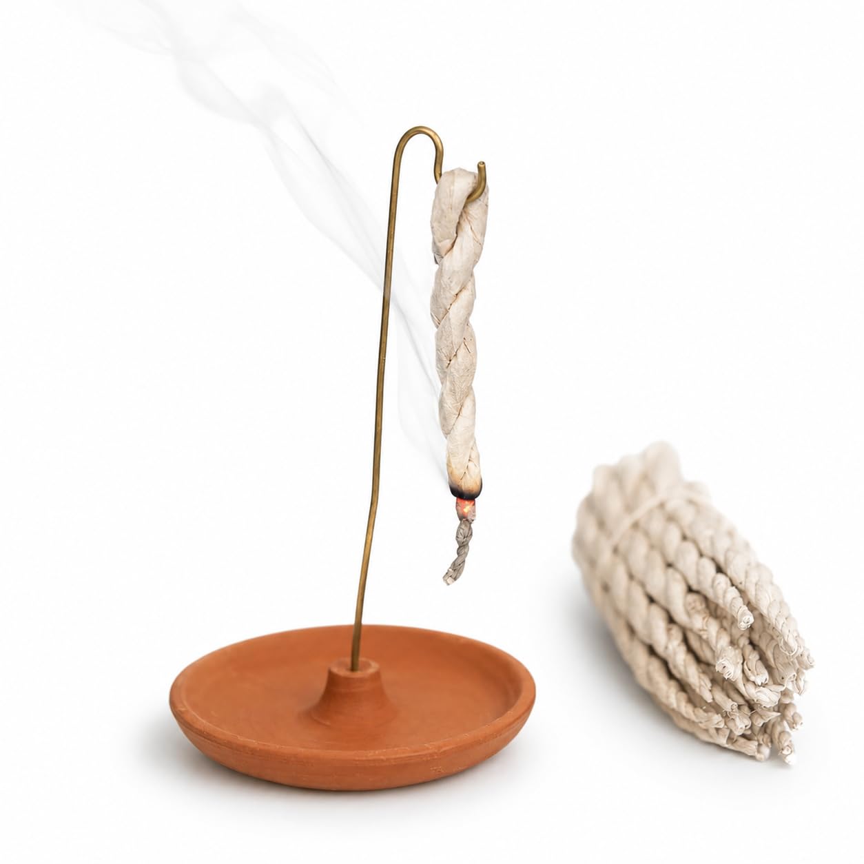 Buddha Buddha Rope Incense Hanging Holder Set – Handmade Fair Trade Nepal Clay Incense Burner with Brass Hook, 15 Tibetan Rope Incense & Presentation Card