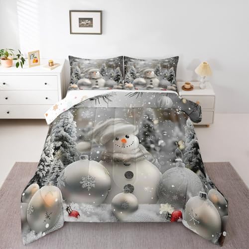Homemissing Lindo juego de ropa de cama de muñeco de nieve, tamaño doble, juego de edredón de Navidad gris para niños, niñas y adolescentes, edredón de feliz Navidad, edredón transpirable de