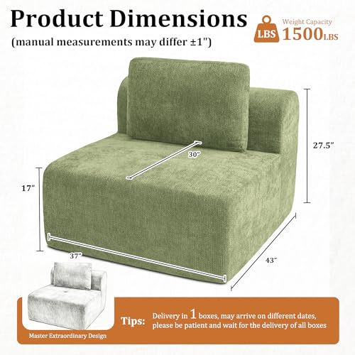Image of 37 inch Oversized Boneless Couch, Comfort Cloud Sectional Couches for Living Room, Modular Sofa High Back & Extra Deep Seat, No Assembly, Soft Chenille Fabric (Olive Green, 37 inch-Single Seat)