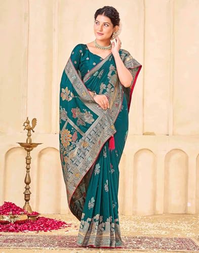 Image of SIRIL Women's Silk Kashmiri Minakari Jacquard Saree With Unstitched Blouse Piece