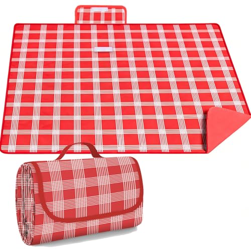 Telo Picnic Impermeabile 200 x 200cm, Picnic mat waterproof, Stuoia campeggio Resistente Alla Sabbia Alle Macchie, Stuoia spiaggia Extra Grande,per Campeggio,Trekking,Montagna,Viaggi (Rosso Plaid)