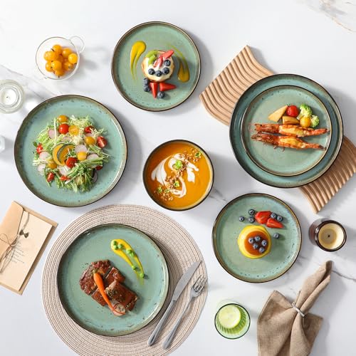 Image of vancasso Plates and Bowls Sets, 18 Pieces Stoneware Dinnerware Sets for 6, Kitchen Dish Set Mircowave and Dishwasher Safe Ceramic Dishware, Turf Green, Series AMBER