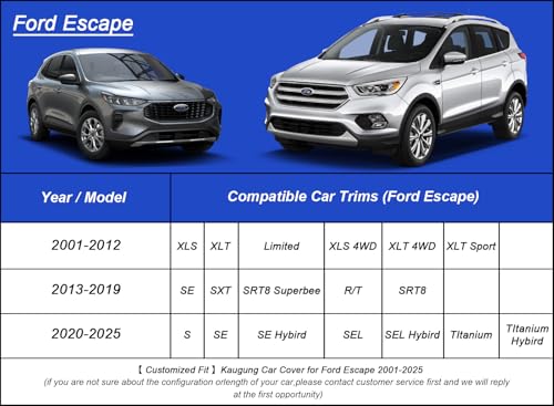 Image of Kaugung Car Cover Waterproof Custom Fit Ford Escape(2000-2025), Full Exterior Cover for Automobiles Lightweight Resistant Outdoor Sun UV Rain Dust Snow Wind Protection.