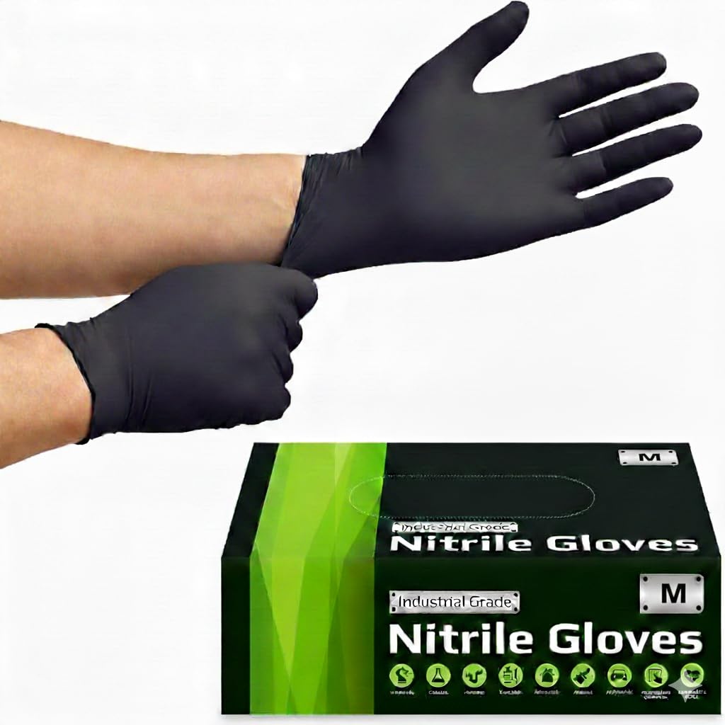 PRIMEONE Black Nitrile Disposable Gloves – Medical Grade, Food Safe, Latex-Free & Powder-Free – Heavy Duty Exam Gloves for Mechanics, Cleaning, & Tattoo Artists (100 Count) (500, LARGE)