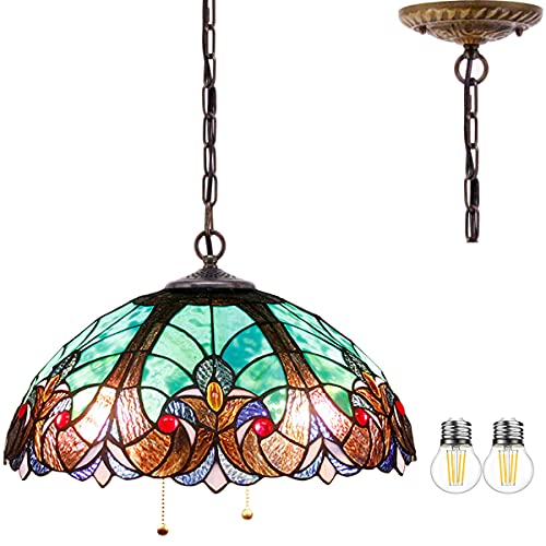 🛒 Flash Sale Tiffany Pendant Lighting for Kitchen Island Large Fixture Industrial Rustic LED Chandelier Swag Farmhouse 16" Green Stained Glass Liaison Shade Boho Hanging Lamp Bedroom Living Dining Room WERFACTORY
