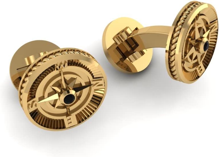 RATNAVALI ARTS 0.06 Carat Gemstone Men's Compass Design Cufflinks in 925 Sterling Silver Yellow Gold Plated Cufflinks