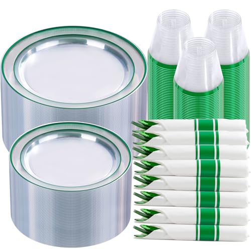I00000 350 Pcs Clear Green Plastic Dinnerware Set for 50 Guests