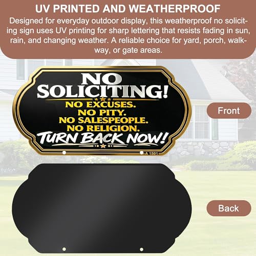 Image of Aggressive Funny No Soliciting Sign for House, 10 x 5 In Aluminum UV Printed Weatherproof Absolutely No soliciting Metal Sign with Adjustable 24 inch /37 inch Stake, Outdoor Yard Sign for Home and Front Door