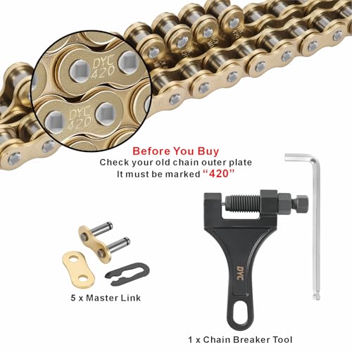 Image of DYC 420 Gold Chain 132 Links with 5 Master Links and Chain Breaker Tool | Gold 420 chain kit for mini bikes pit bikes ATVs and go karts using 420 sprockets