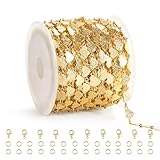 GTVOODX Cadenas de corazón chapadas en oro para hacer joyas de latón de 16.4 pies, suministros de cadena para manualidades, pulseras, collares, manualidades con cierres de langosta, anillos de salto