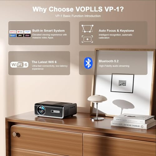 [2000 ANSI & Officially-Licensed APP] 4K Smart Projector with WiFi and Bluetooth, Auto Focus & Keystone, VOPLLS Native 1080P Portable Outdoor Projector, Mini Movie Proyector for Bedroom/Home by VOPLLS - Image 8
