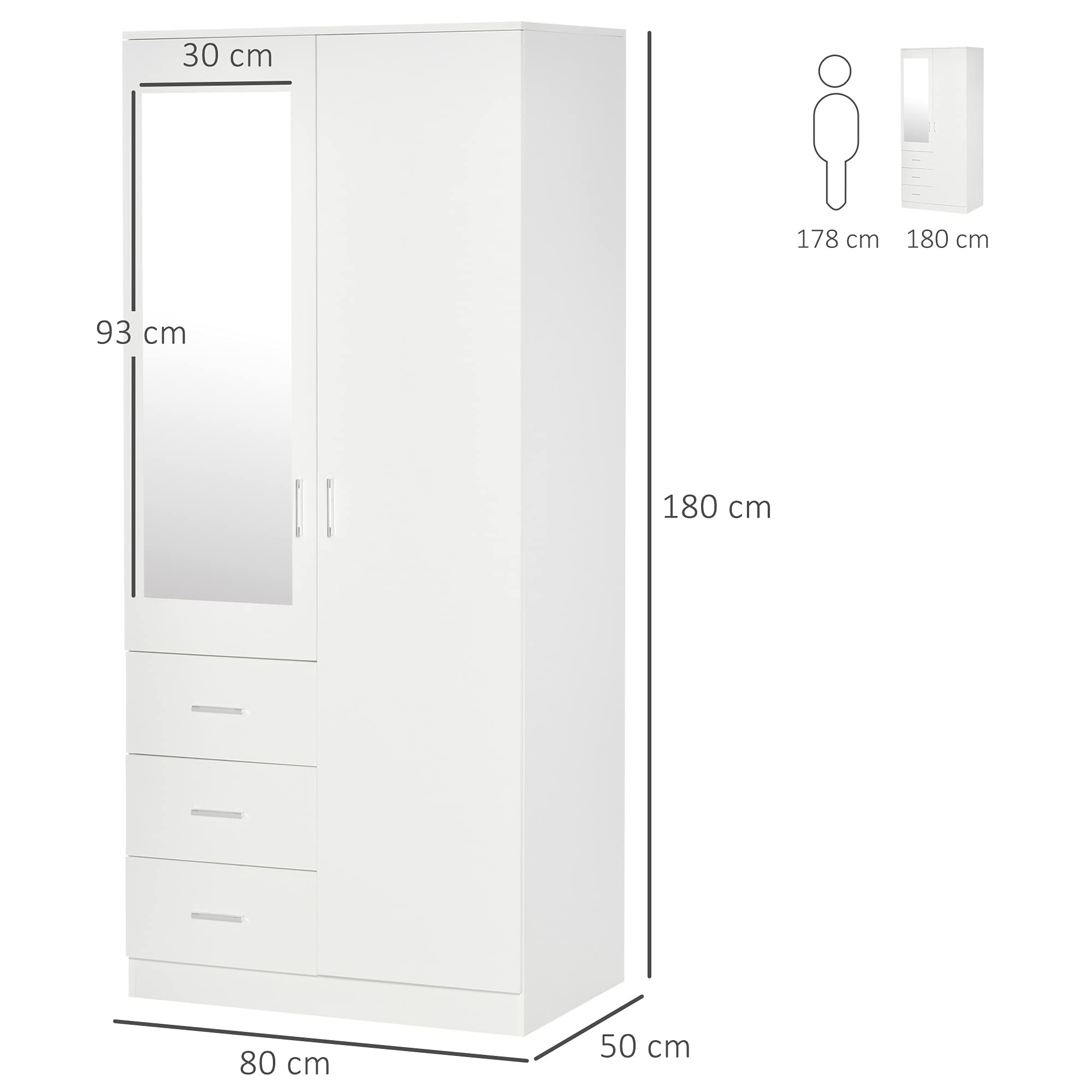 HOMCOM Armadio Moderno Guardaroba 2 Ante con Specchio 80x50x180cm Bianco | 3 Cassetti, Mensole Regolabili, Barra Appendiabiti