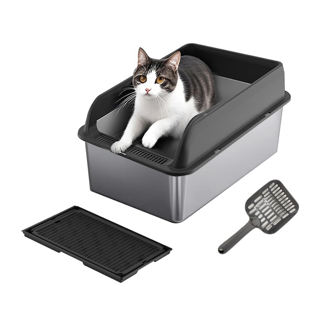 Edelstahl Katzenklo 2 Größen 60x40x25/30cm, rostfrei & kratzfest, geruchsresistent, hohe Seitenwände gegen Streuverlust, mit Doppelboden-Streumatte & Streuschaufel, für kleine & große Katzen sowie Meh