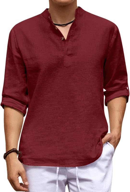 Image of ROYALSCOUT Men's Cotton Blend Casual Short Kurta Shirt with Notch Neck and Button Detail | Full Sleeve Straight Fit Lightweight Ethnic Top for Summer