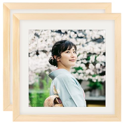 フォトフレーム 正方形 25角 木製額縁 2枚セット ウッドフォトフレーム 写真立て 壁掛け 卓上 両用 マット紙付き プレゼント ナチュラル