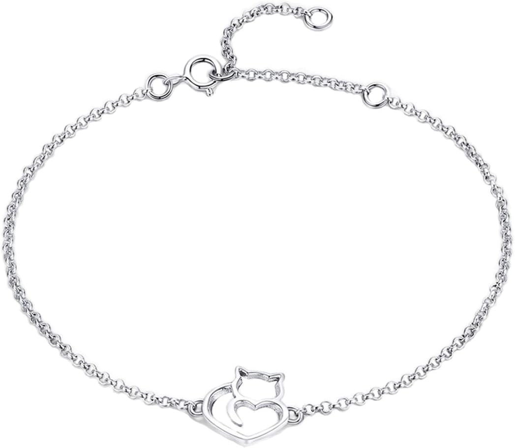 Silver Link Chain Bracelet with Cat Love Heart Charm/Dachshund/Sea Turtle/Starfish/Dolphin Adjustable Plated Gold Bracelets with Chain Length 6.5in-7.9in, Best Jewelry Gifts for Women Cat Lovers