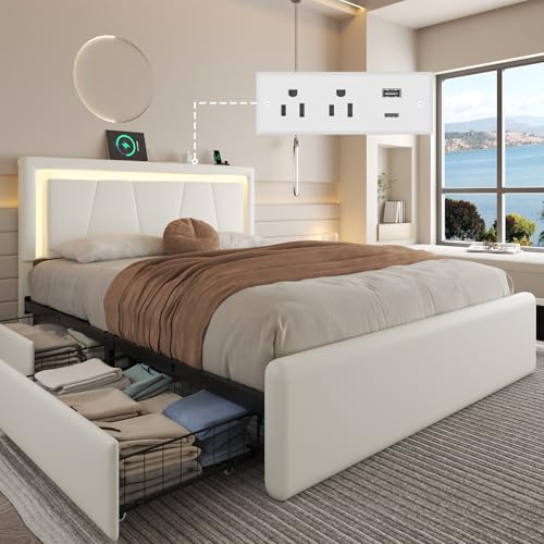 Full Size Bed Frame with 4 Storage Drawers Upholstered Headboard White