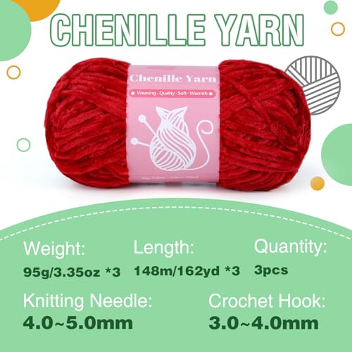 Image of LUNARM Chenille Yarn for Crochet Knitting Chunky Blanket Velvet Yarn | 3 Pack 3.5oz /100g 486 Yard Chenille Yarn for Beginners Knitting Scarves with Big Eye Needles Machine Washable