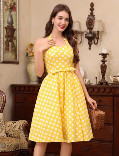 Image of 1950s Dresses for Women Vintage Retro Cocktail Party Swing Dresses Halter Floral Rockabilly 50s Polka Dot Pin up Dress
